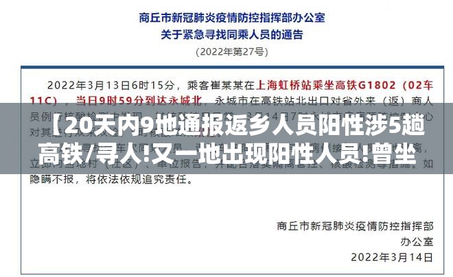 【20天内9地通报返乡人员阳性涉5趟高铁/寻人!又一地出现阳性人员!曾坐高铁途经多地】 【20天内9地通报返乡人员阳性涉5趟高铁/寻人!又一地出现阳性人员!曾坐高铁途经多地】