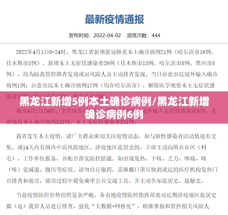 黑龙江新增5例本土确诊病例/黑龙江新增确诊病例6例