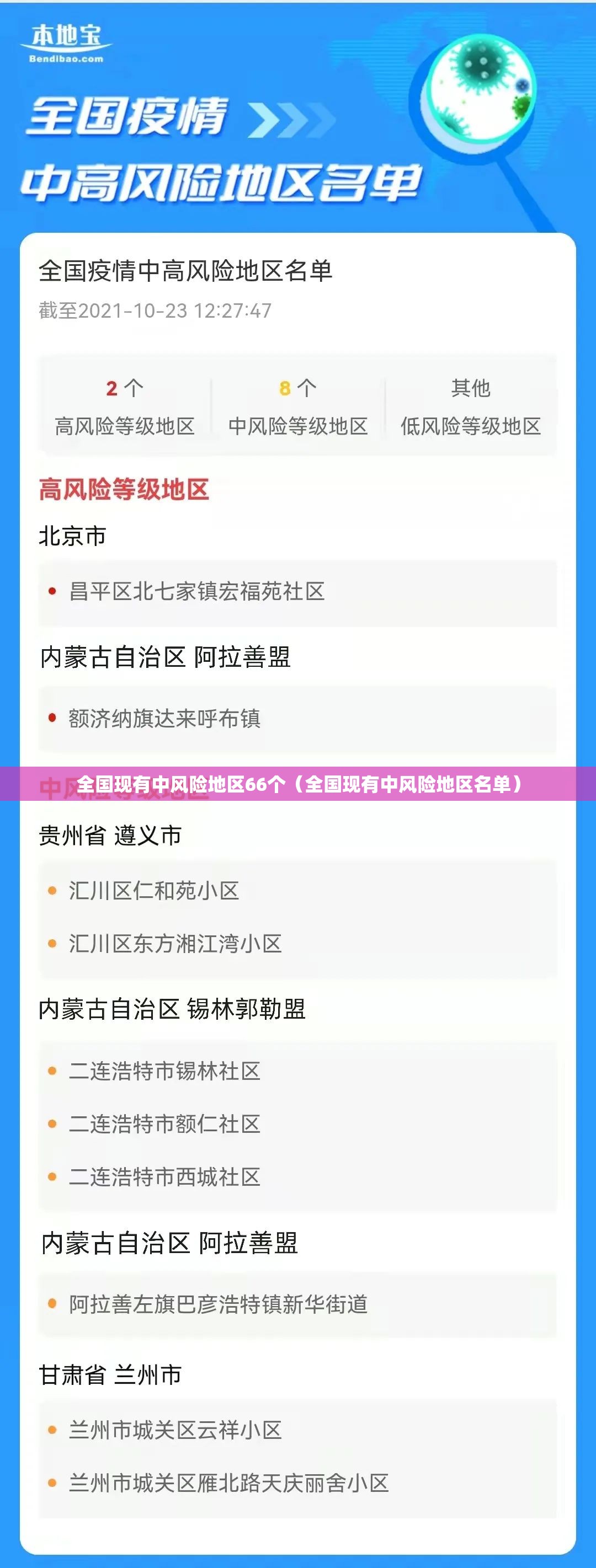 全国现有中风险地区66个（全国现有中风险地区名单）