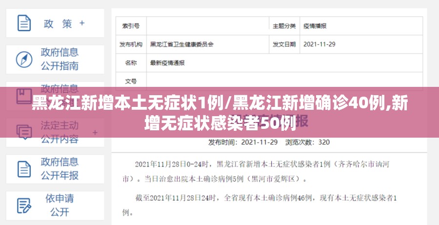 黑龙江新增本土无症状1例/黑龙江新增确诊40例,新增无症状感染者50例 黑龙江新增本土无症状1例/黑龙江新增确诊40例,新增无症状感染者50例