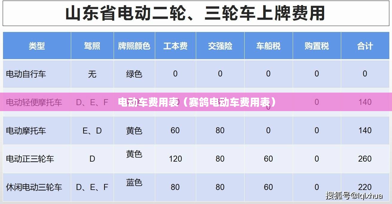 电动车费用表（赛鸽电动车费用表）