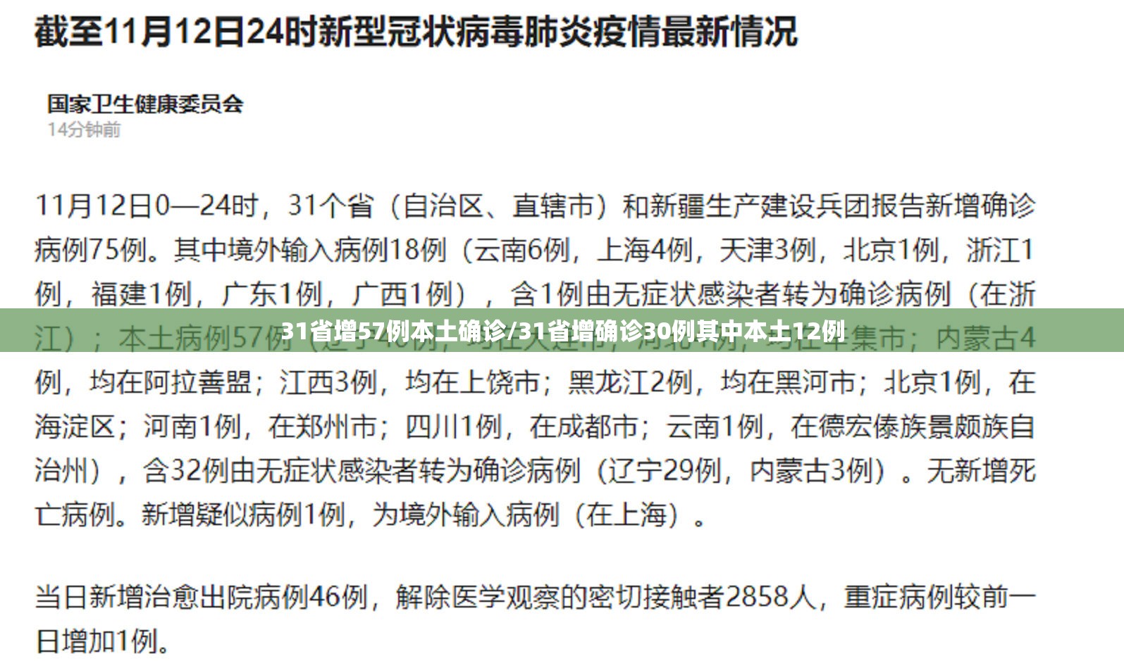 31省增57例本土确诊/31省增确诊30例其中本土12例