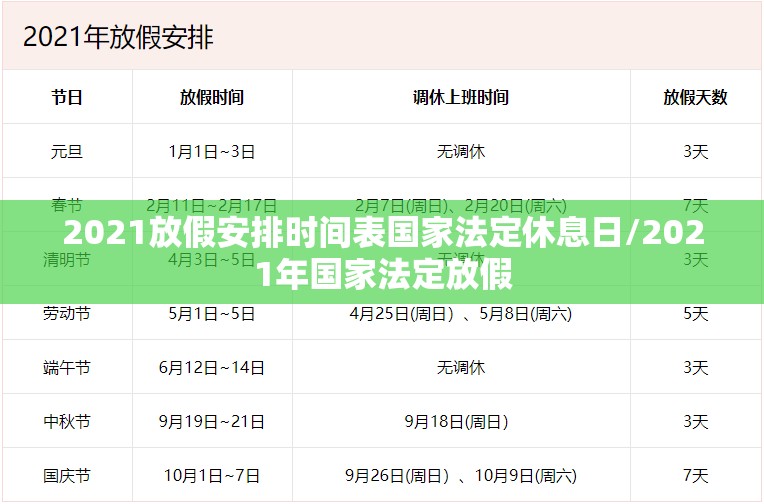 2021放假安排时间表国家法定休息日/2021年国家法定放假 2021放假安排时间表国家法定休息日/2021年国家法定放假