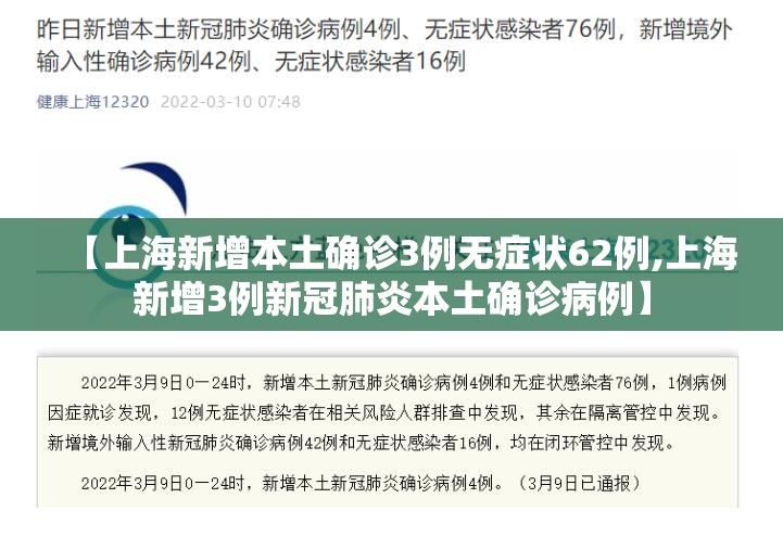 【上海新增本土确诊3例无症状62例,上海新增3例新冠肺炎本土确诊病例】 【上海新增本土确诊3例无症状62例,上海新增3例新冠肺炎本土确诊病例】